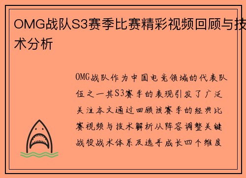 OMG战队S3赛季比赛精彩视频回顾与技术分析