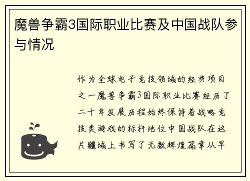魔兽争霸3国际职业比赛及中国战队参与情况