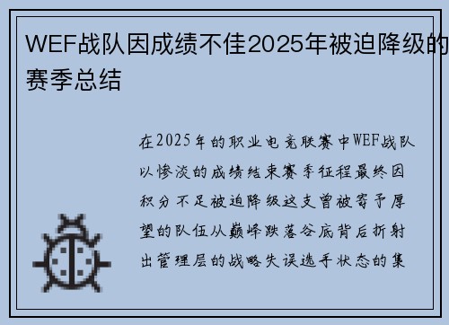 WEF战队因成绩不佳2025年被迫降级的赛季总结
