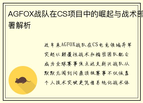 AGFOX战队在CS项目中的崛起与战术部署解析